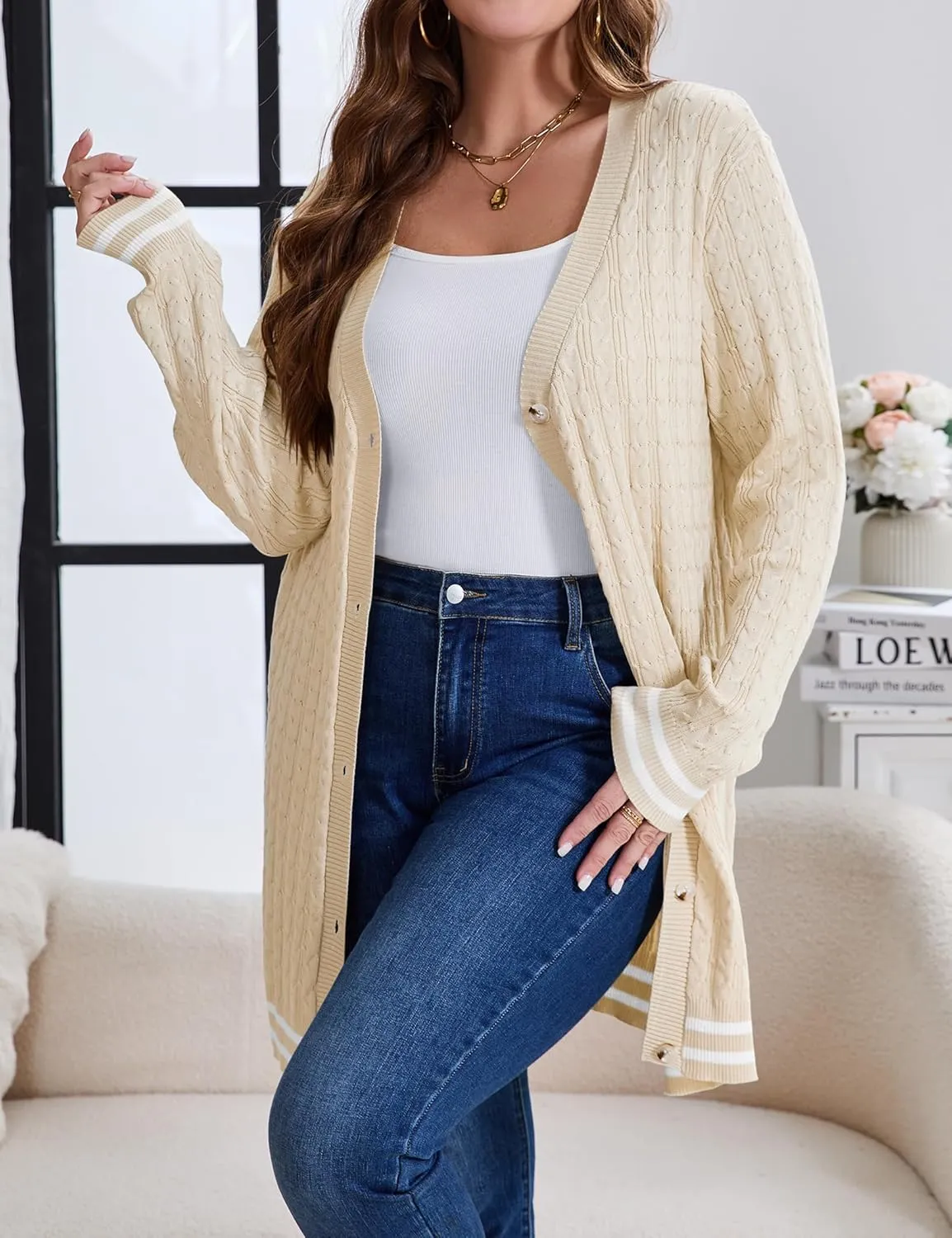 Women's Plus Size Button Down Cardigan Sweater Causal Open Front Loose Long Sleeve Crew Neck Knit Outwear