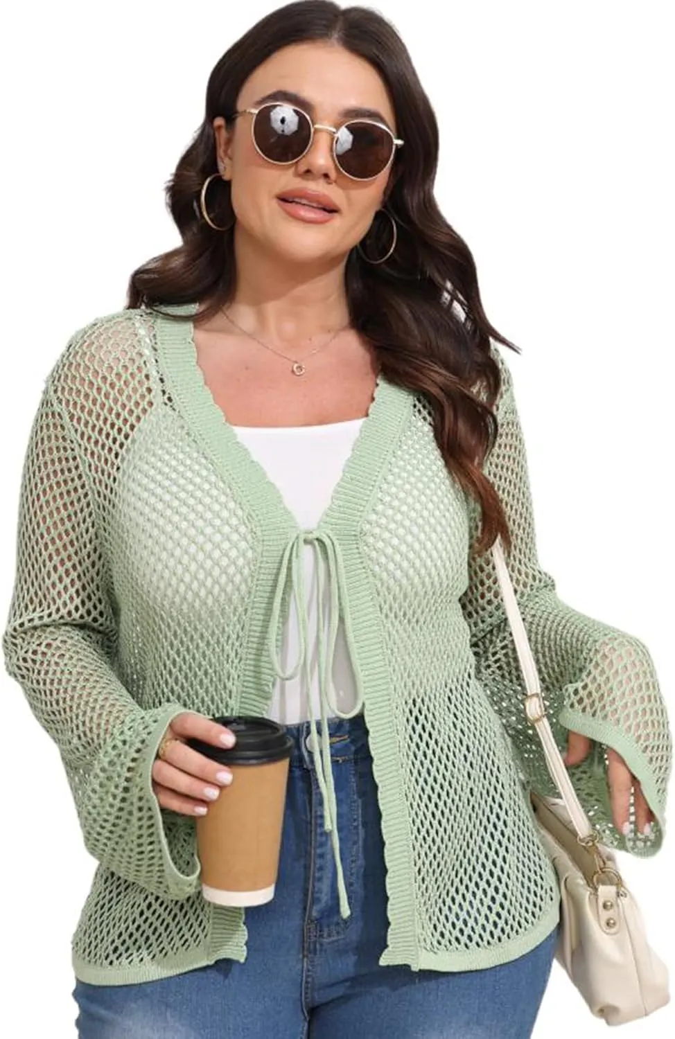 Womens Plus Size Crochet Cardigan Sweater Hollow Out Long Sleeve Open Front Cardigans V Neck Knitted Sweater
