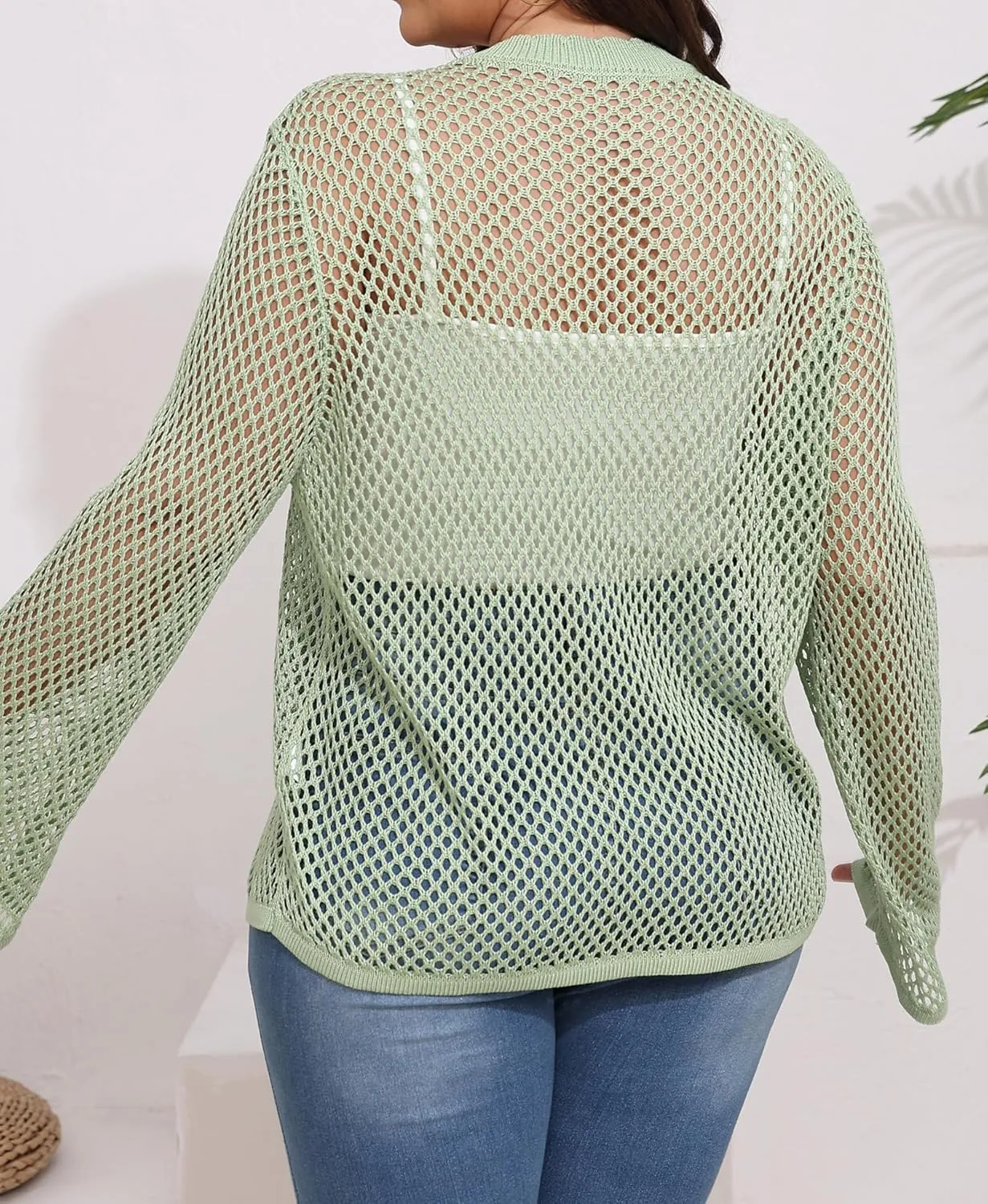 Womens Plus Size Crochet Cardigan Sweater Hollow Out Long Sleeve Open Front Cardigans V Neck Knitted Sweater