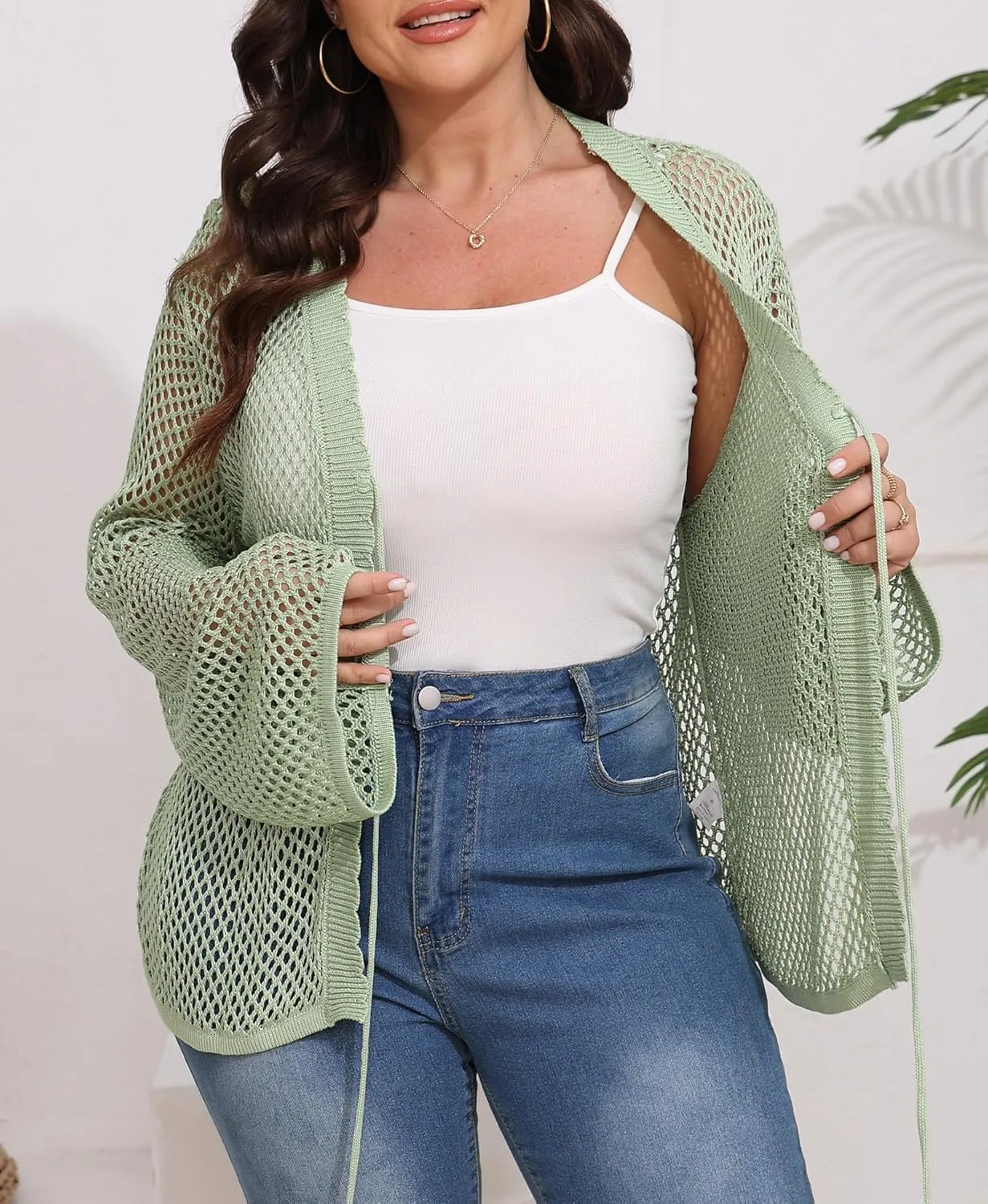 Womens Plus Size Crochet Cardigan Sweater Hollow Out Long Sleeve Open Front Cardigans V Neck Knitted Sweater