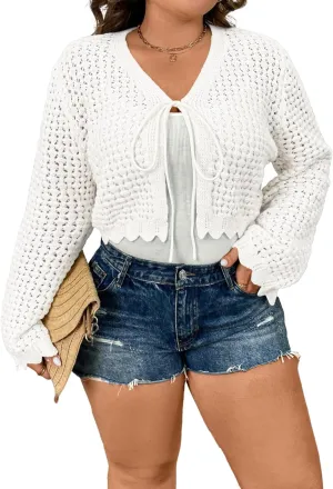 Women's Plus Size Tie Front Cardigan Hollow Out Bell Long Sleeve Crop Knit Tops Shrug Sweater