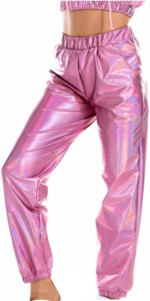 Womens Shiny Metallic High Waist Stretchy Jogger Pants Hip Hop Clubwear Holographic Trousers Sweatpant for 70s 80s