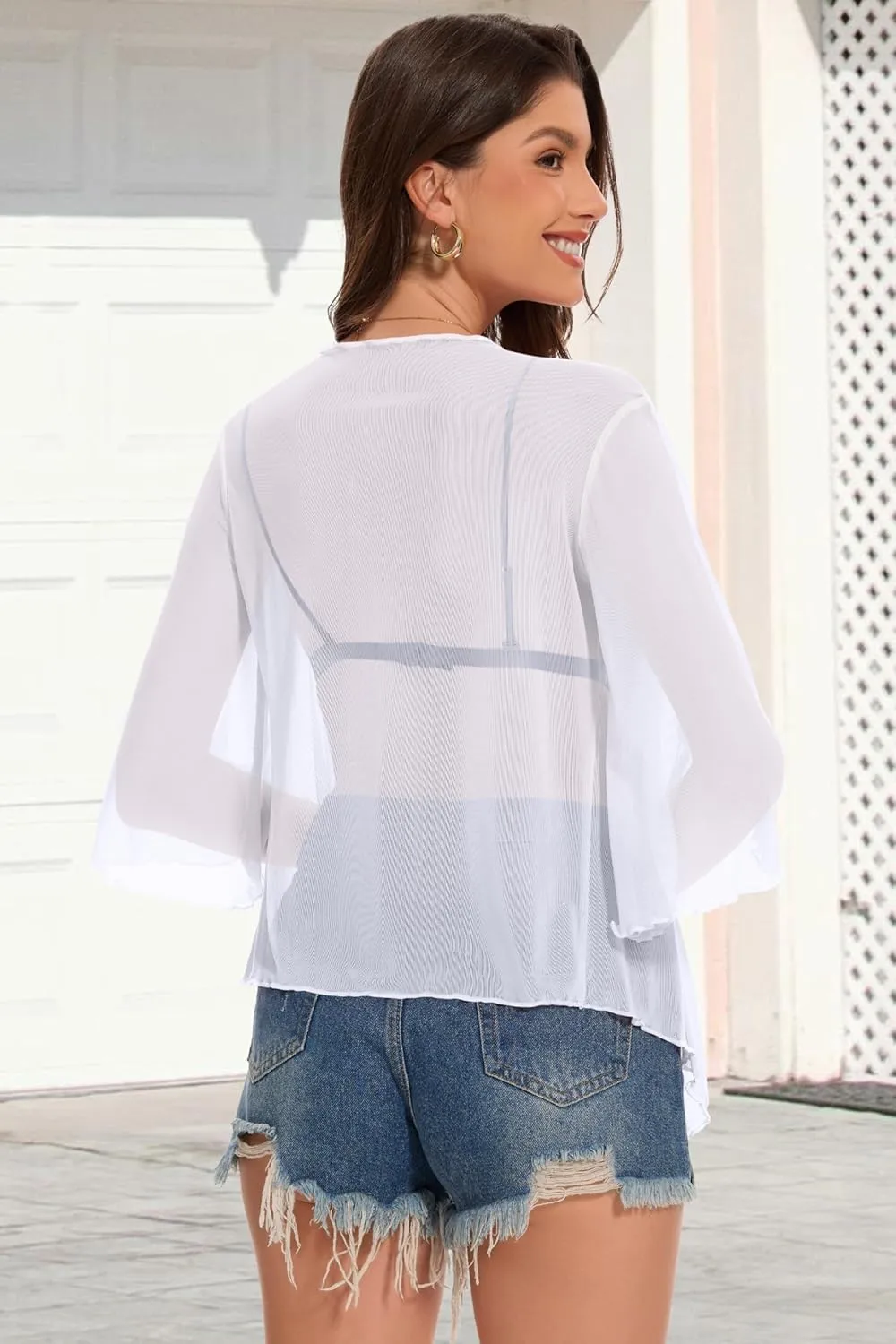 Women's Short Cardigan Bolero Shrug Sheer Tie Front Top 3/4 Sleeve Jacket for Dress