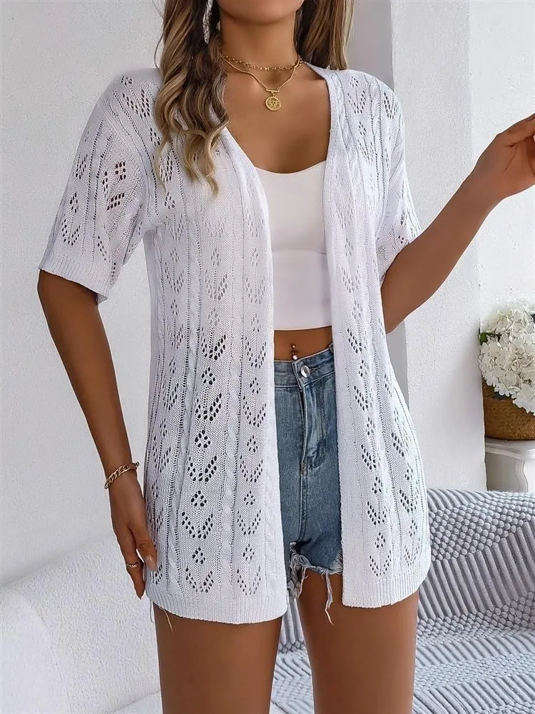 Women's Short Sleeve Long Knitted Cardigan Hollow Cardigan Vacation Sun Protection(White,Medium)