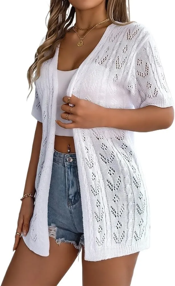 Women's Short Sleeve Long Knitted Cardigan Hollow Cardigan Vacation Sun Protection(White,Medium)