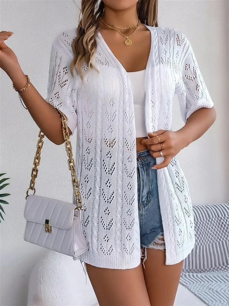 Women's Short Sleeve Long Knitted Cardigan Hollow Cardigan Vacation Sun Protection(White,Medium)