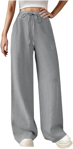 Women's Solid Cotton Linen Straight Pants Drawstring High Waisted Trousers Palazzo Trouser for Summer Office School Travel