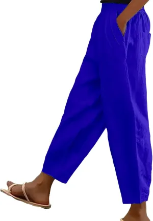 Women's Solid Cotton Linen Straight Pants Work Lounge Trousers with Pockets Comfy Wide Leg Vacation Palazzo Pants