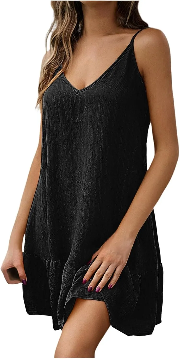 Women's Spaghetti Strap Summer Dress Vintage Sleeveless Mini Sundress Loose Ruffle Ladies Boho Dress