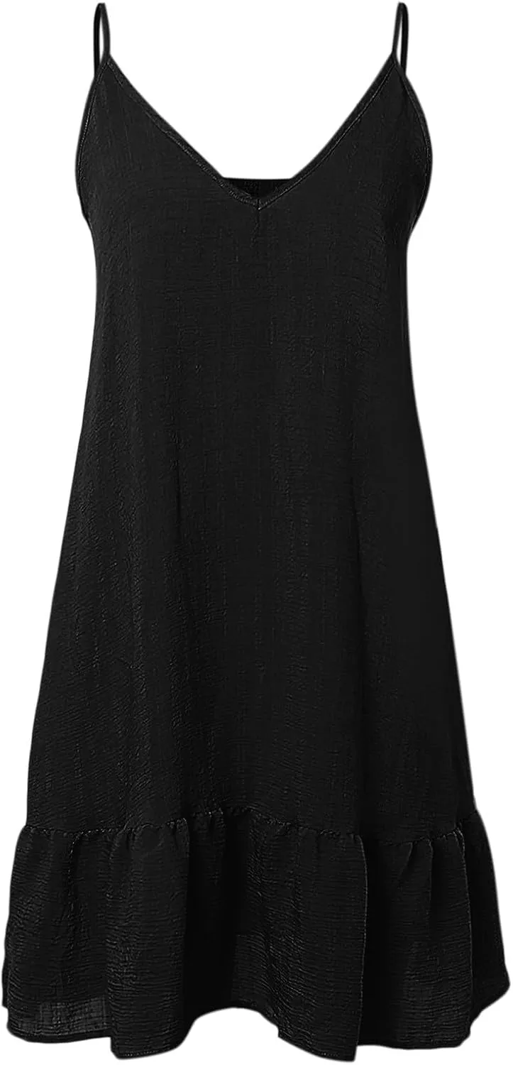 Women's Spaghetti Strap Summer Dress Vintage Sleeveless Mini Sundress Loose Ruffle Ladies Boho Dress