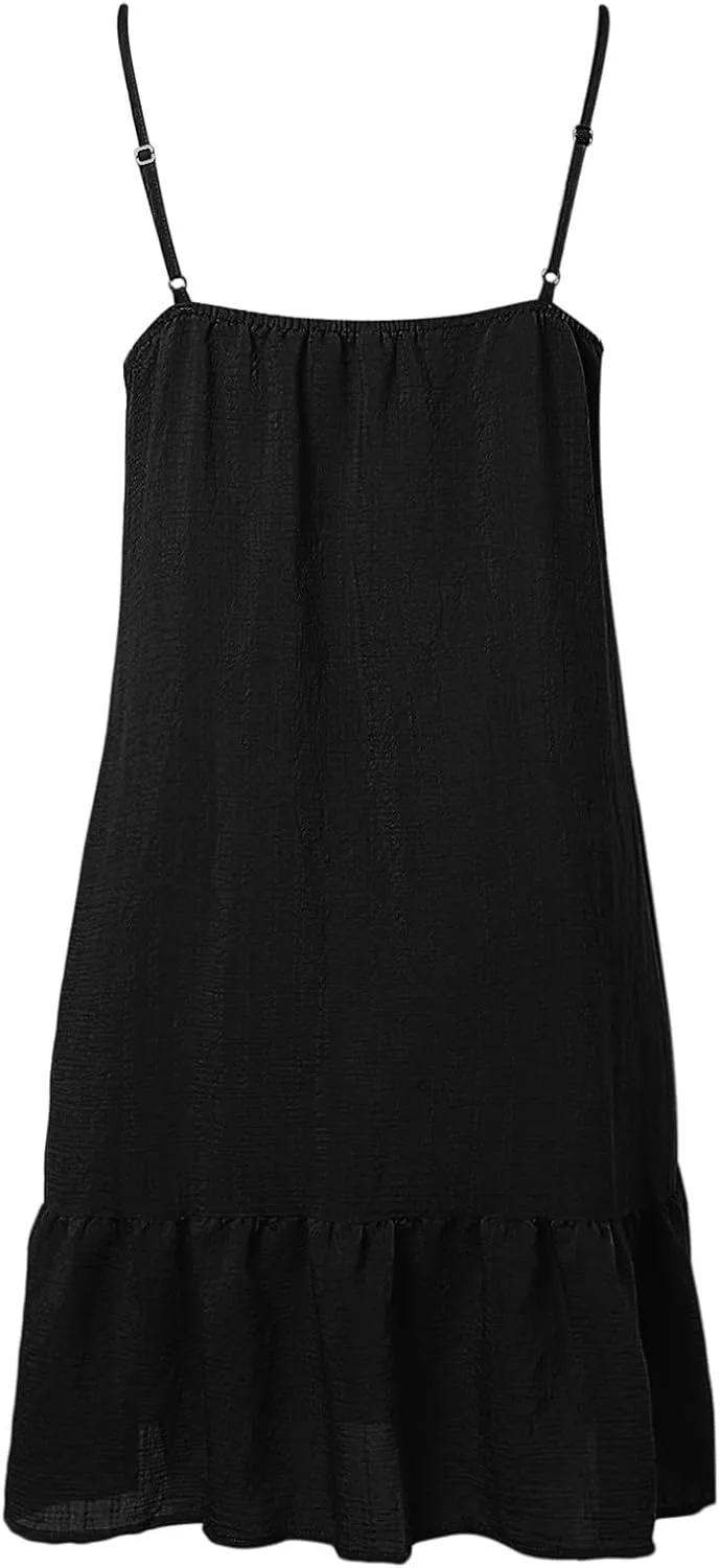 Women's Spaghetti Strap Summer Dress Vintage Sleeveless Mini Sundress Loose Ruffle Ladies Boho Dress