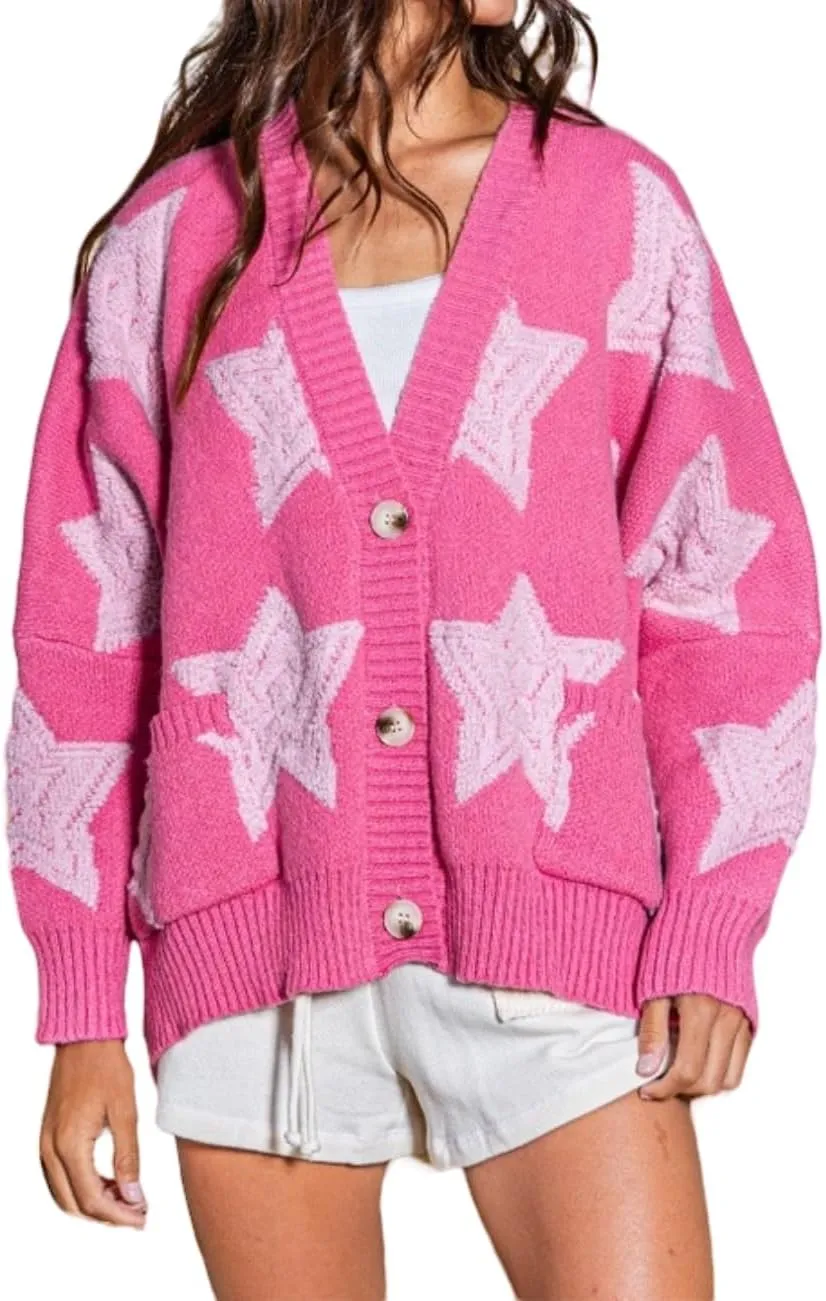 Women's Star Print Button Down V Neck Drop Shoulder Open Front Knit Cardigan Sweater