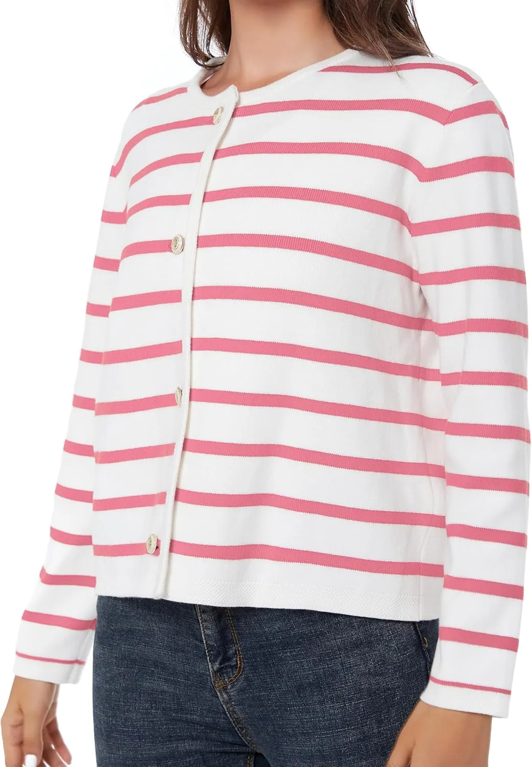 Women's Striped Cardigan Sweater Trendy Long Sleeve Button Down Crewneck Knit Cardigans