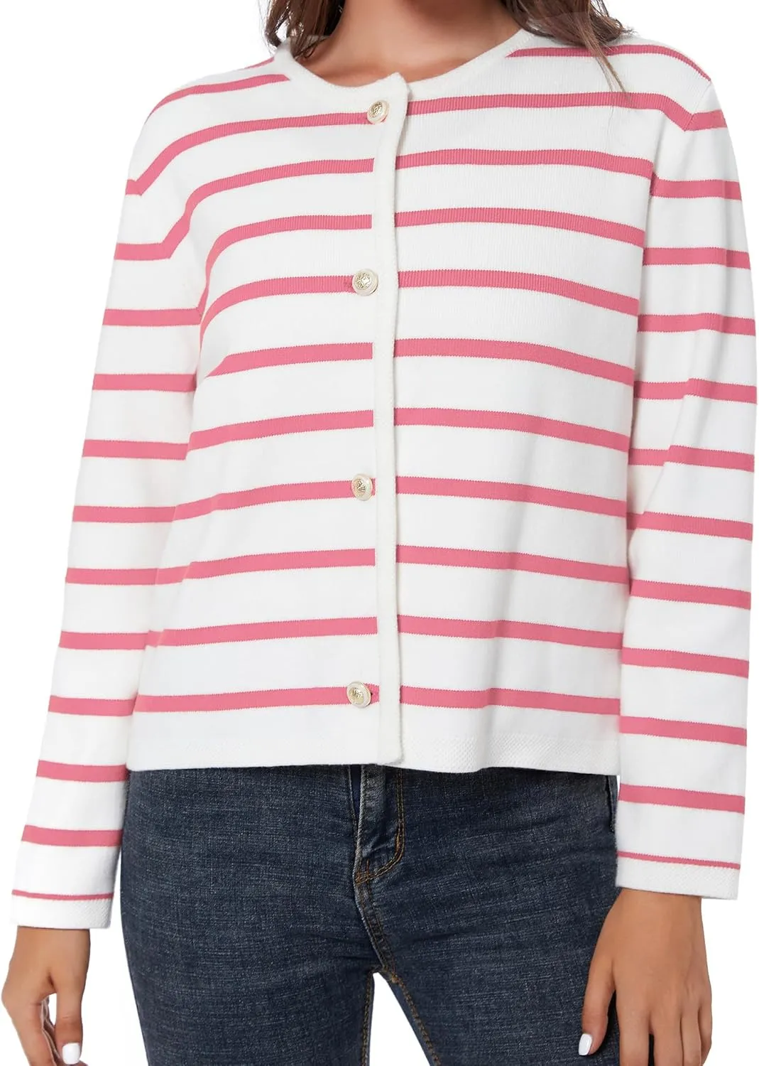 Women's Striped Cardigan Sweater Trendy Long Sleeve Button Down Crewneck Knit Cardigans
