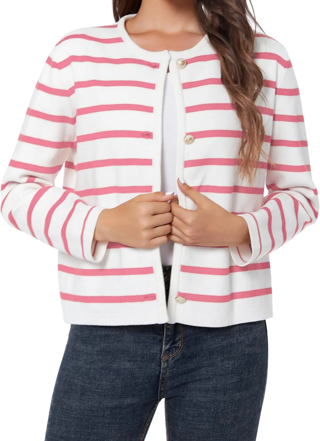 Women's Striped Cardigan Sweater Trendy Long Sleeve Button Down Crewneck Knit Cardigans