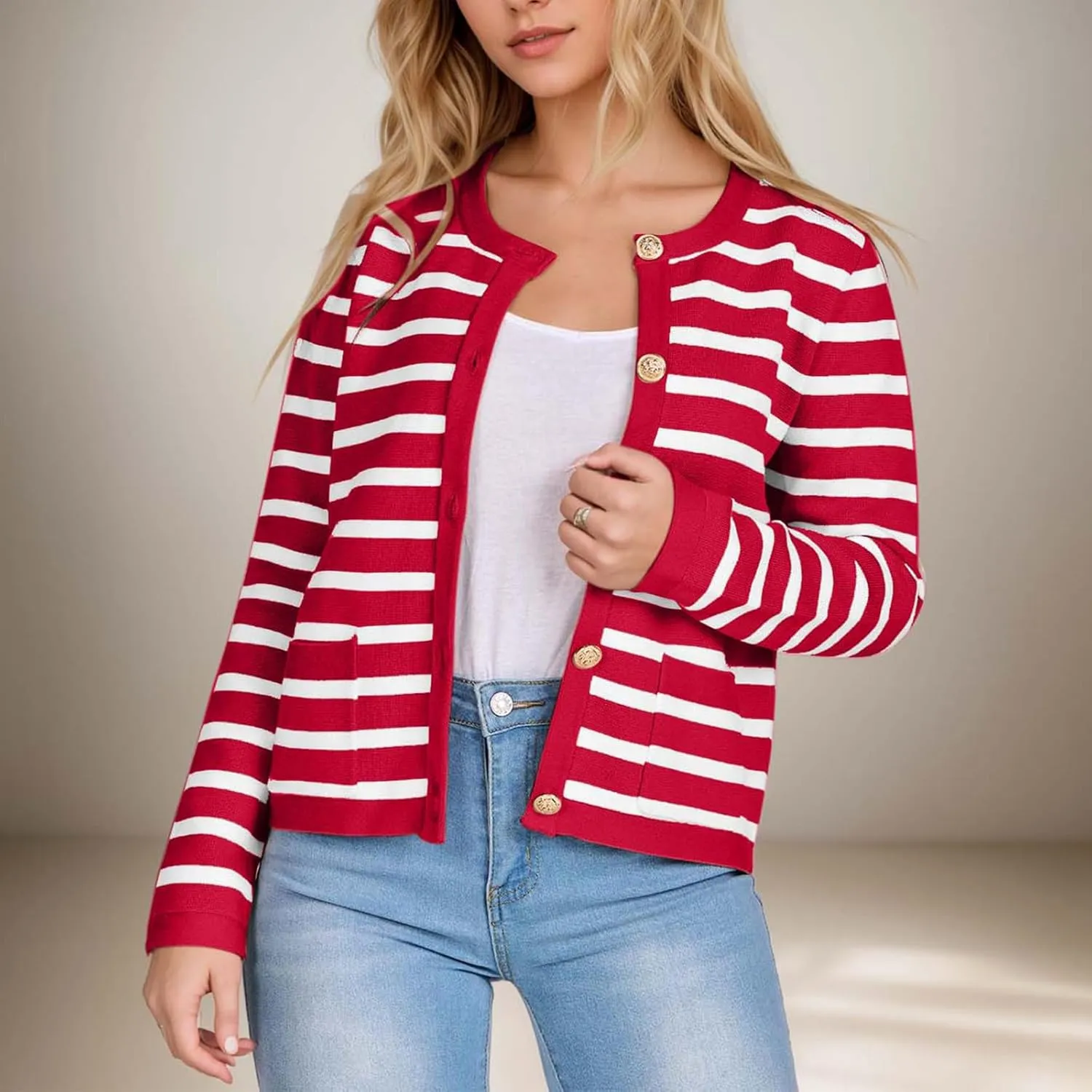 Women's Striped Cardigan Sweaters Gold Button Long Sleeve Crewneck Cardigans Casual Knit Sweater Jacket Coat with Pockets