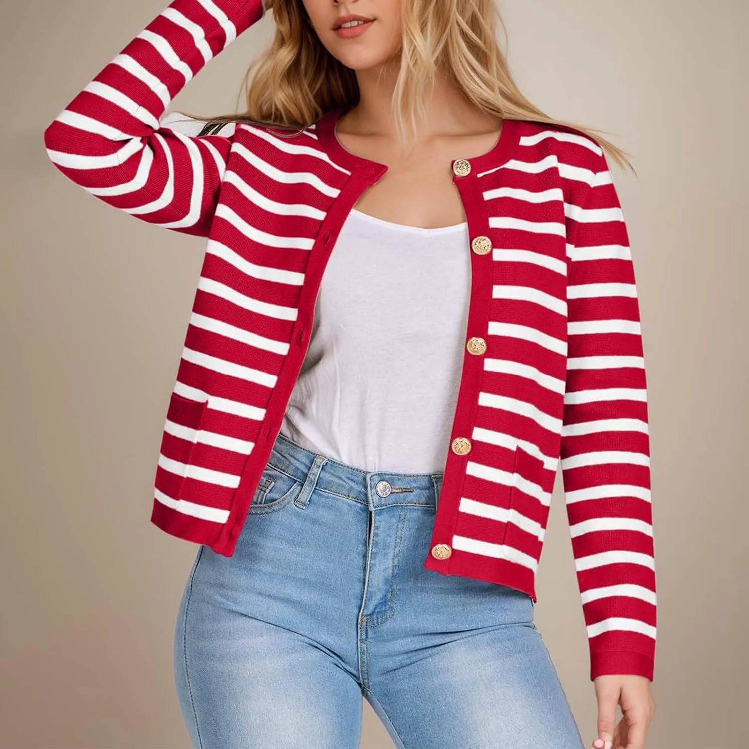 Women's Striped Cardigan Sweaters Gold Button Long Sleeve Crewneck Cardigans Casual Knit Sweater Jacket Coat with Pockets