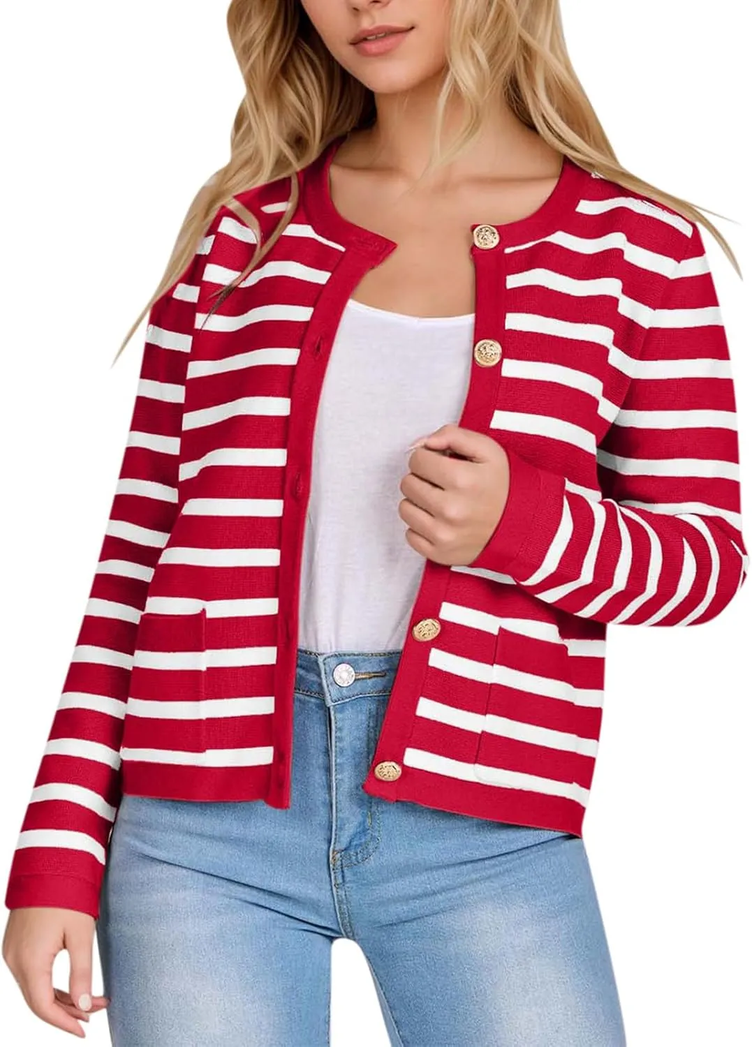 Women's Striped Cardigan Sweaters Gold Button Long Sleeve Crewneck Cardigans Casual Knit Sweater Jacket Coat with Pockets