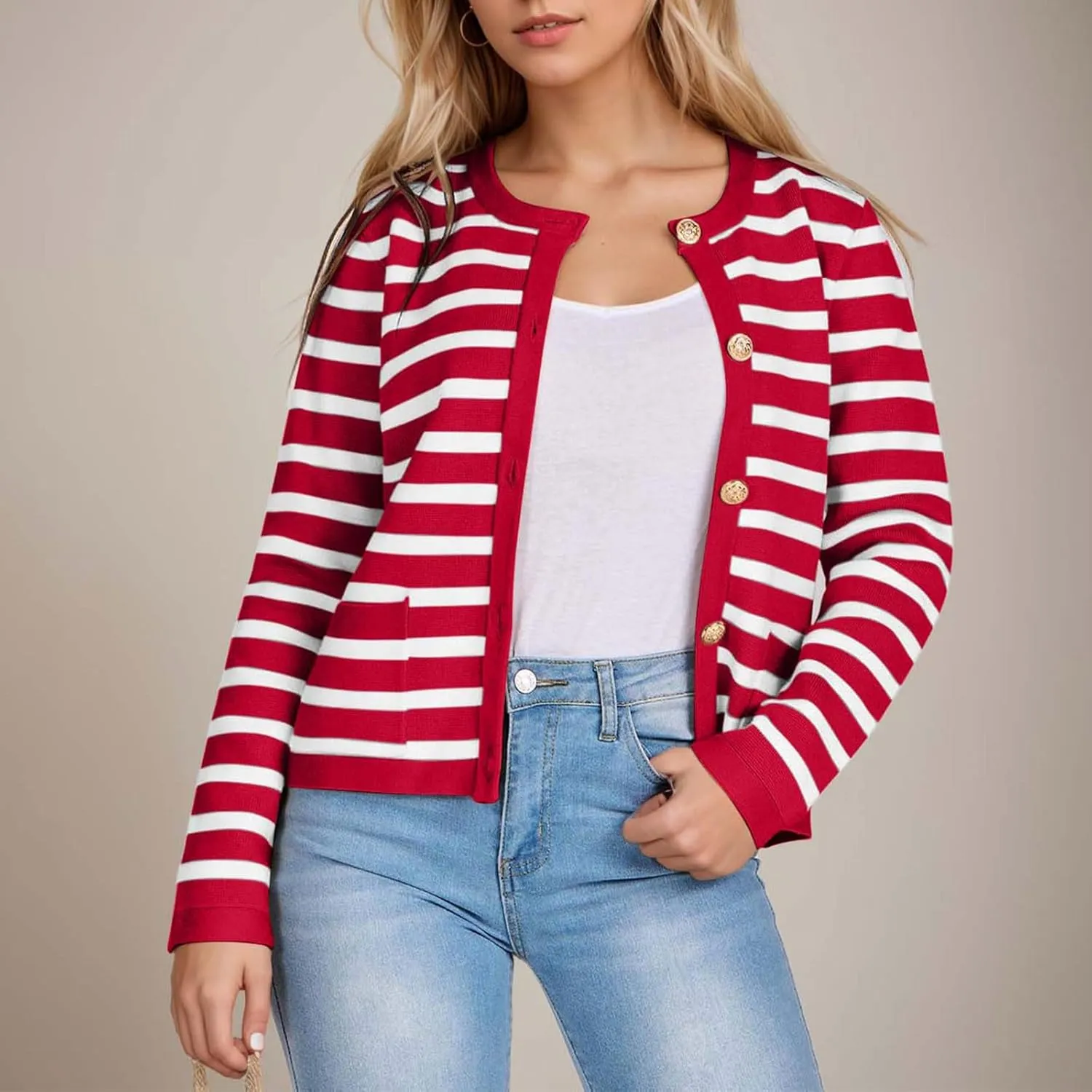 Women's Striped Cardigan Sweaters Gold Button Long Sleeve Crewneck Cardigans Casual Knit Sweater Jacket Coat with Pockets