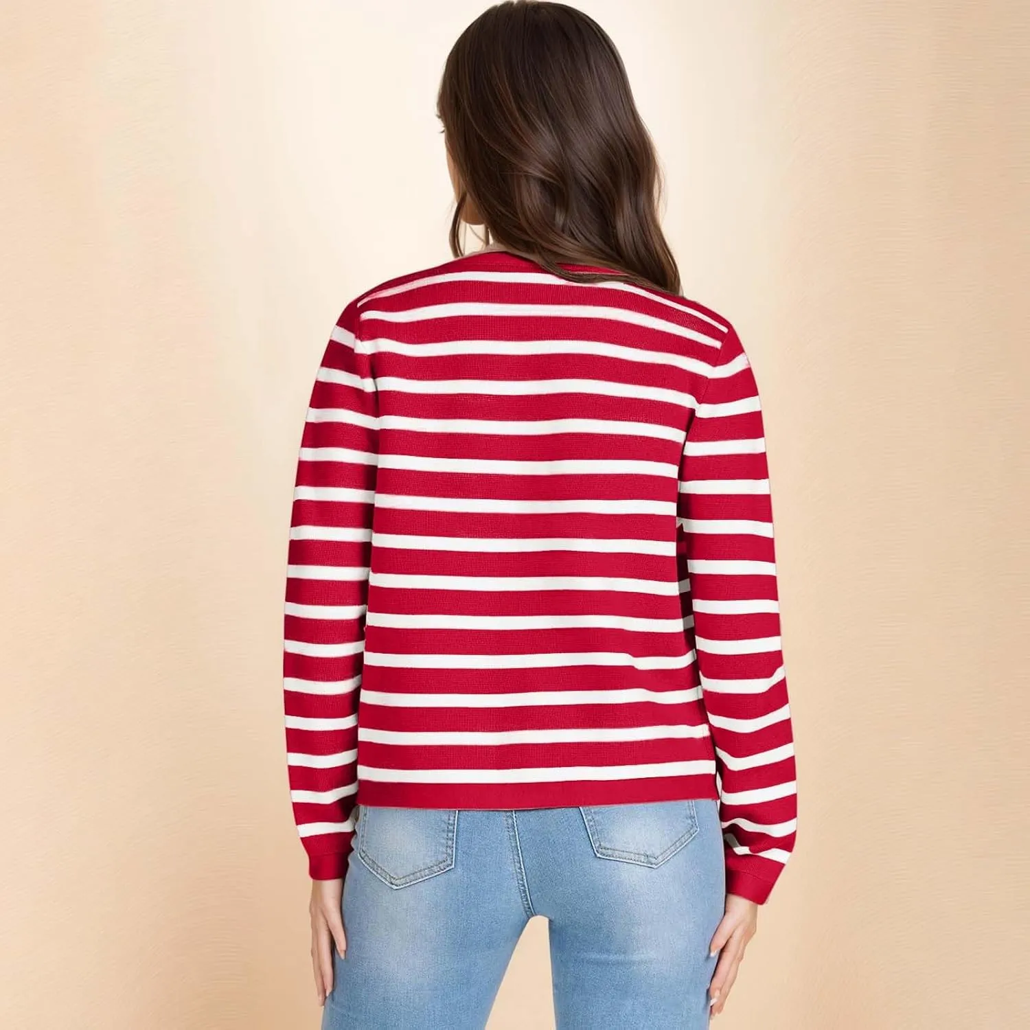 Women's Striped Cardigan Sweaters Gold Button Long Sleeve Crewneck Cardigans Casual Knit Sweater Jacket Coat with Pockets