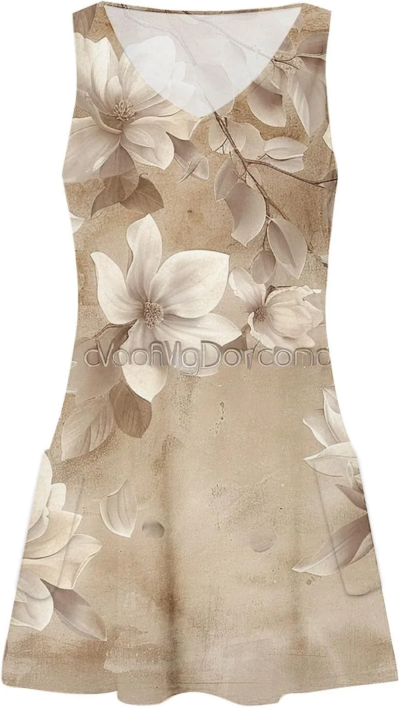 Women's Summer Casual Mini Dresses V-Neck Floral Print Beach Dress Beachwear Sleeveless Sundresses Boho Maxi Dress
