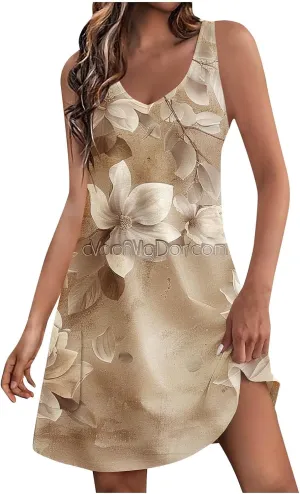 Women's Summer Casual Mini Dresses V-Neck Floral Print Beach Dress Beachwear Sleeveless Sundresses Boho Maxi Dress
