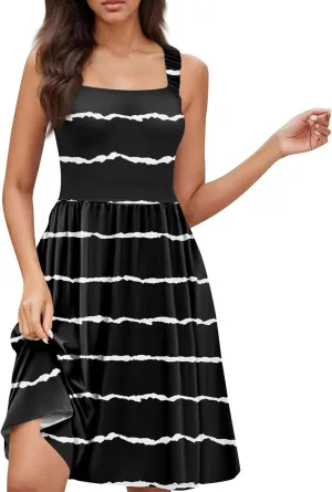Womens Summer Dresses Flowy Sundresses Beach Prited Sleeveless Mini Dress Loose Tshirt Tank Dresses with Pockets
