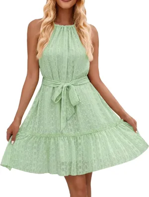 Women's Summer Floral Sun Dress Sleeveless Halter Neck Flowy Ruffle Hem Short Boho Mini Dresses Wedding Guest with Belt