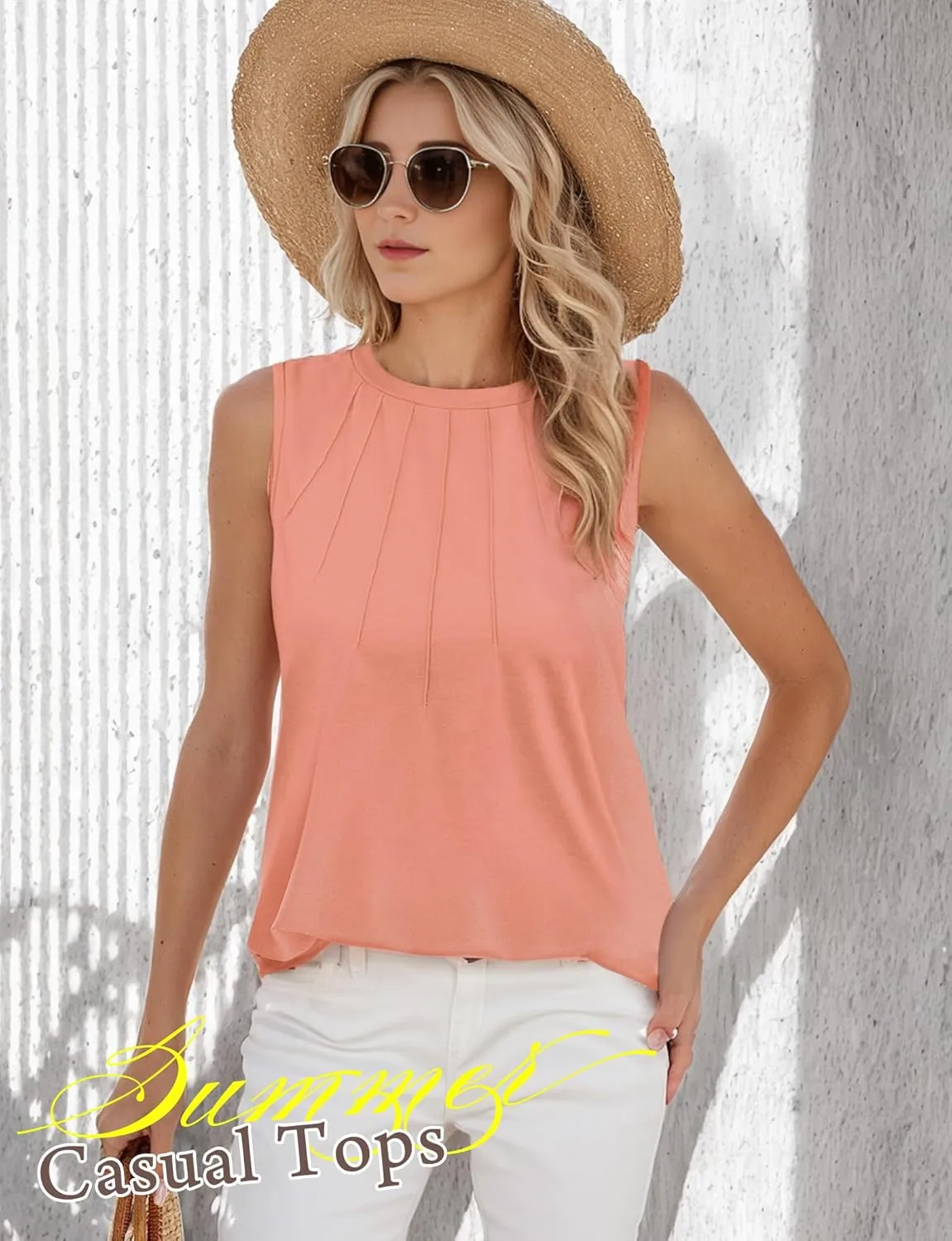 Womens Summer Tank Tops Sleeveless Casual Flowy Tops Pleated Round Neck for Women Casual Loose Fit Tee Shirt