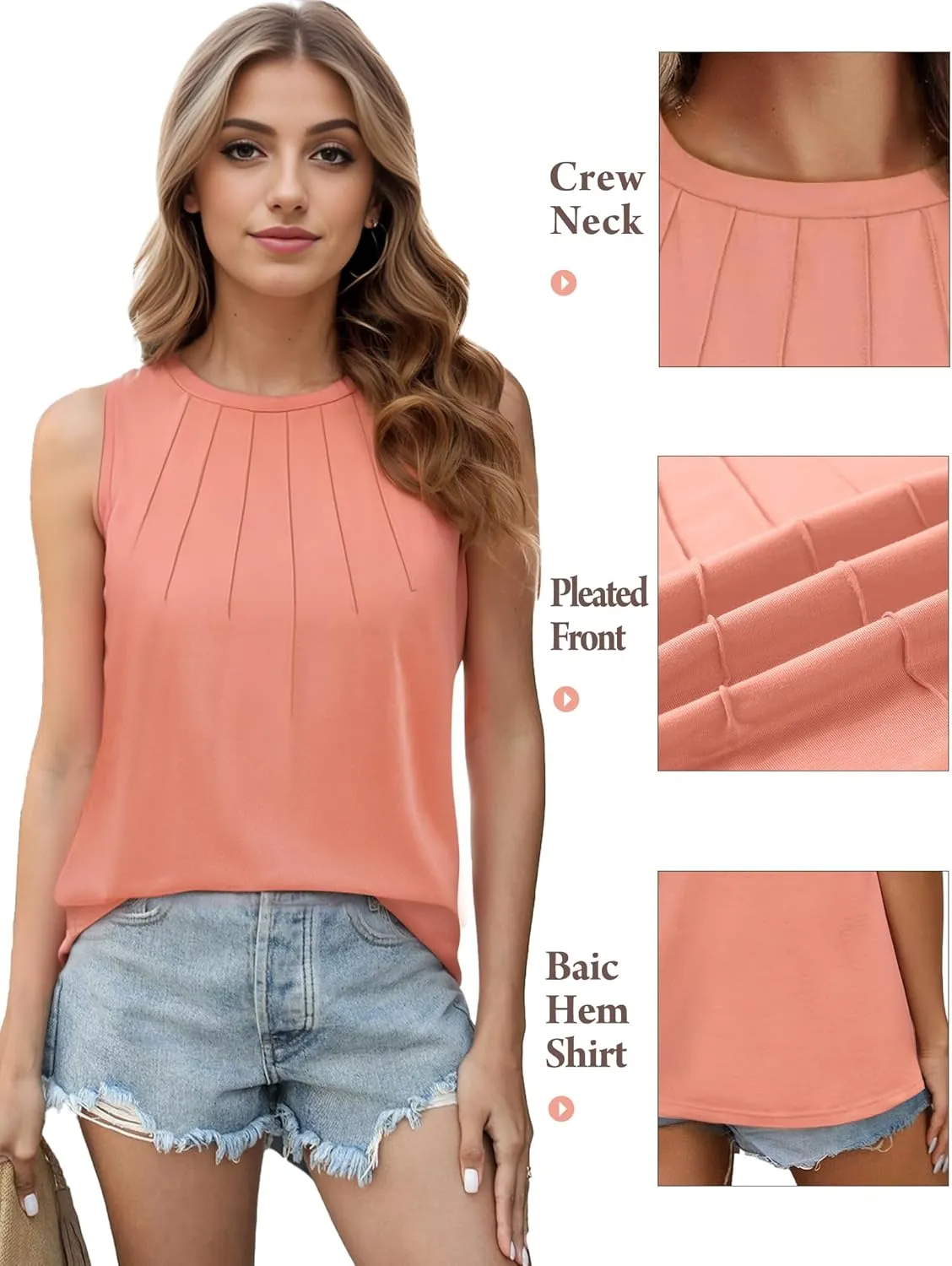 Womens Summer Tank Tops Sleeveless Casual Flowy Tops Pleated Round Neck for Women Casual Loose Fit Tee Shirt