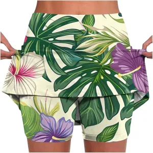 Womens Summer Tennis Skirts with Shorts Workout Golf Athletic Skirts Hawaiian Vacation Floral Print High Waist Skorts