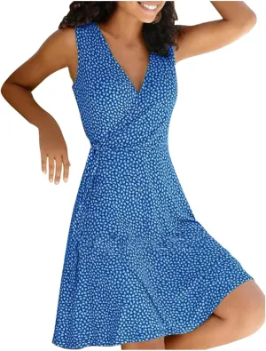 Womens Sun dress Summer Floral Short Sleeveless Wrap V Neck A-Line Midi Dress Beach Travel Vacation Outfits