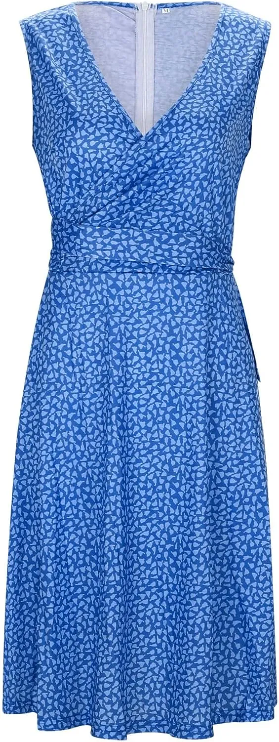 Womens Sun dress Summer Floral Short Sleeveless Wrap V Neck A-Line Midi Dress Beach Travel Vacation Outfits