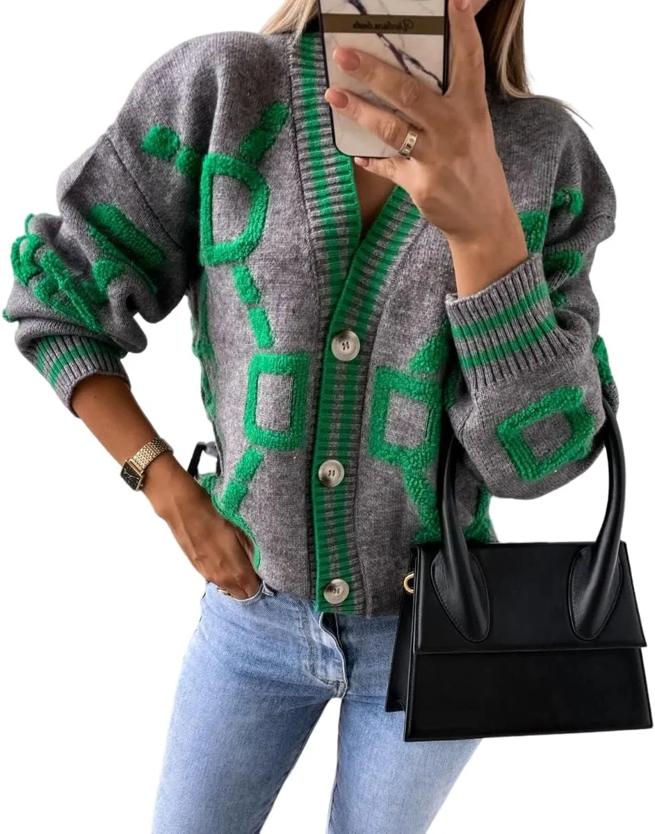 Women's Sweater Cardigan Oversized Button Down Long Sleeve Geometric Loose Knit Outerwear Plus Size Fall Winter