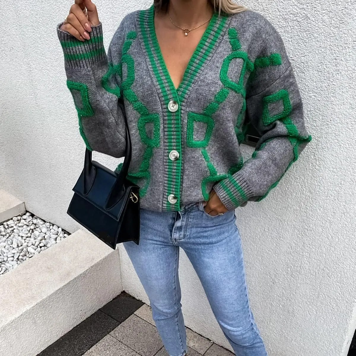 Women's Sweater Cardigan Oversized Button Down Long Sleeve Geometric Loose Knit Outerwear Plus Size Fall Winter