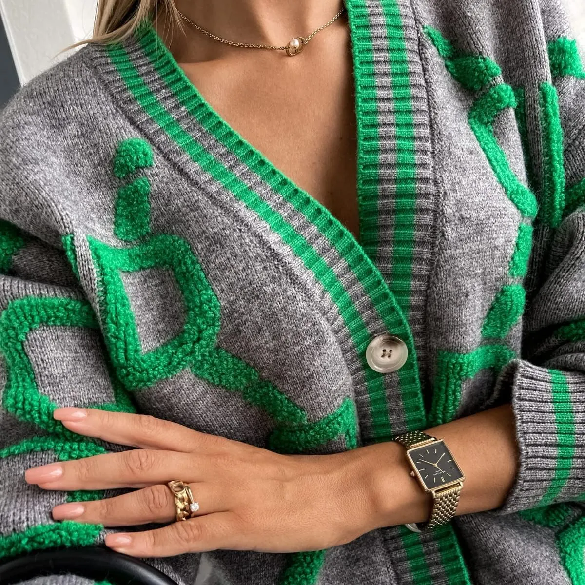 Women's Sweater Cardigan Oversized Button Down Long Sleeve Geometric Loose Knit Outerwear Plus Size Fall Winter