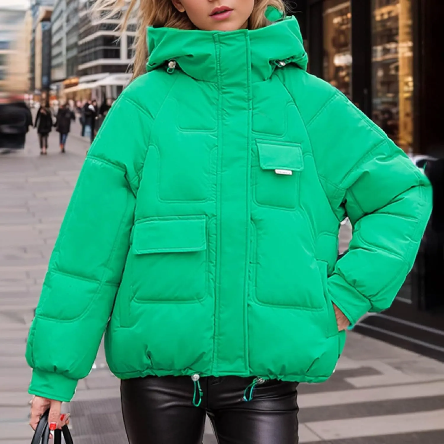 Women's Winter Short Cotton Coat with Multiple Pockets Hooded Thicken Warm Coat Zip Up Outerwear