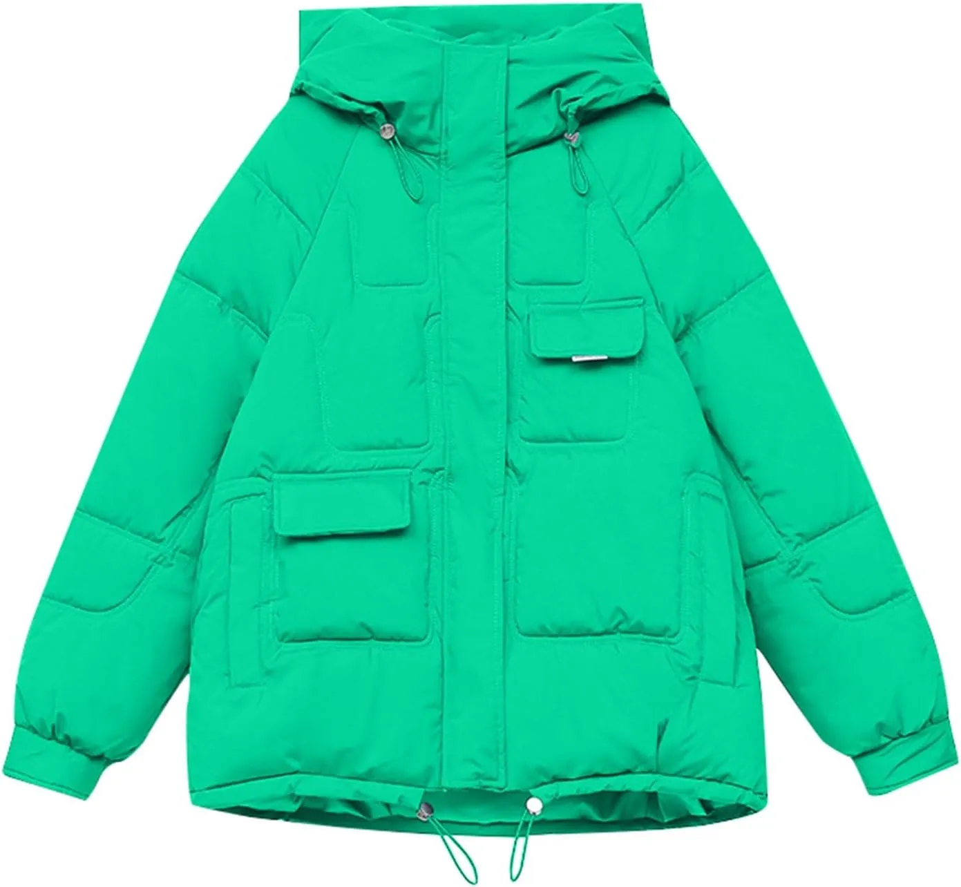 Women's Winter Short Cotton Coat with Multiple Pockets Hooded Thicken Warm Coat Zip Up Outerwear