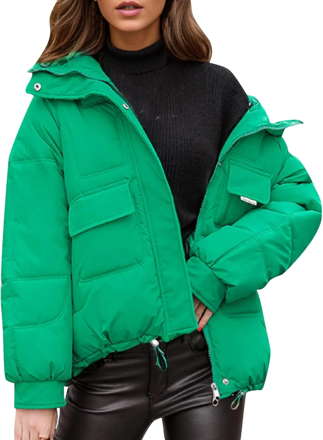 Women's Winter Short Cotton Coat with Multiple Pockets Hooded Thicken Warm Coat Zip Up Outerwear