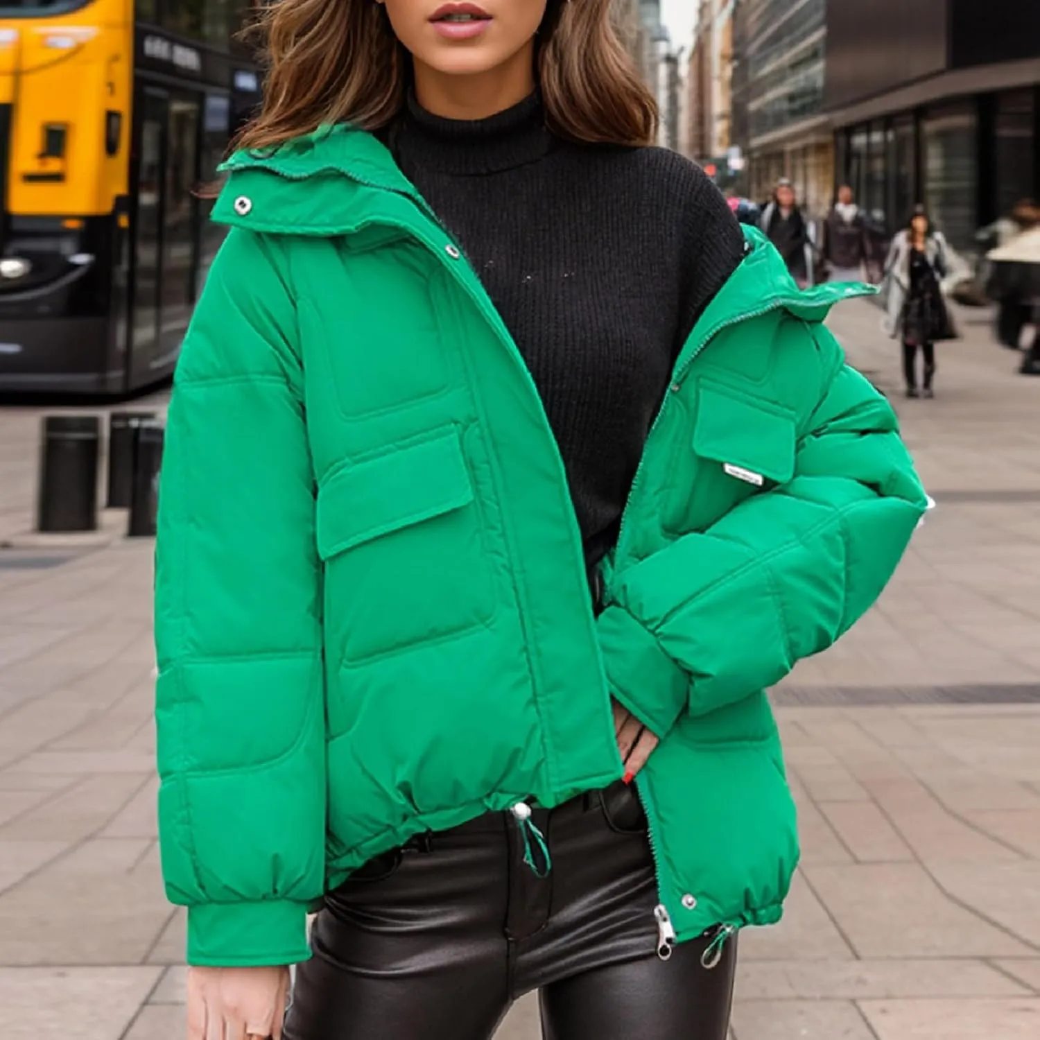 Women's Winter Short Cotton Coat with Multiple Pockets Hooded Thicken Warm Coat Zip Up Outerwear