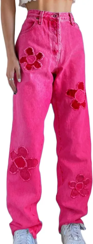 Women's Y2K Fashion Wide Leg High Waist Boyfriend Jeans Loose Fit Vintage Baggy Denim Pants Teen Girls Flower Embroidery