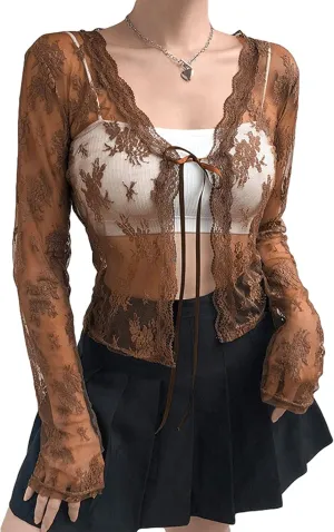 Women's Y2K Sexy Sheer Shrug Lace Cardigan Long Sleeve See Through Vintage Tie Up Floral Crop Tops