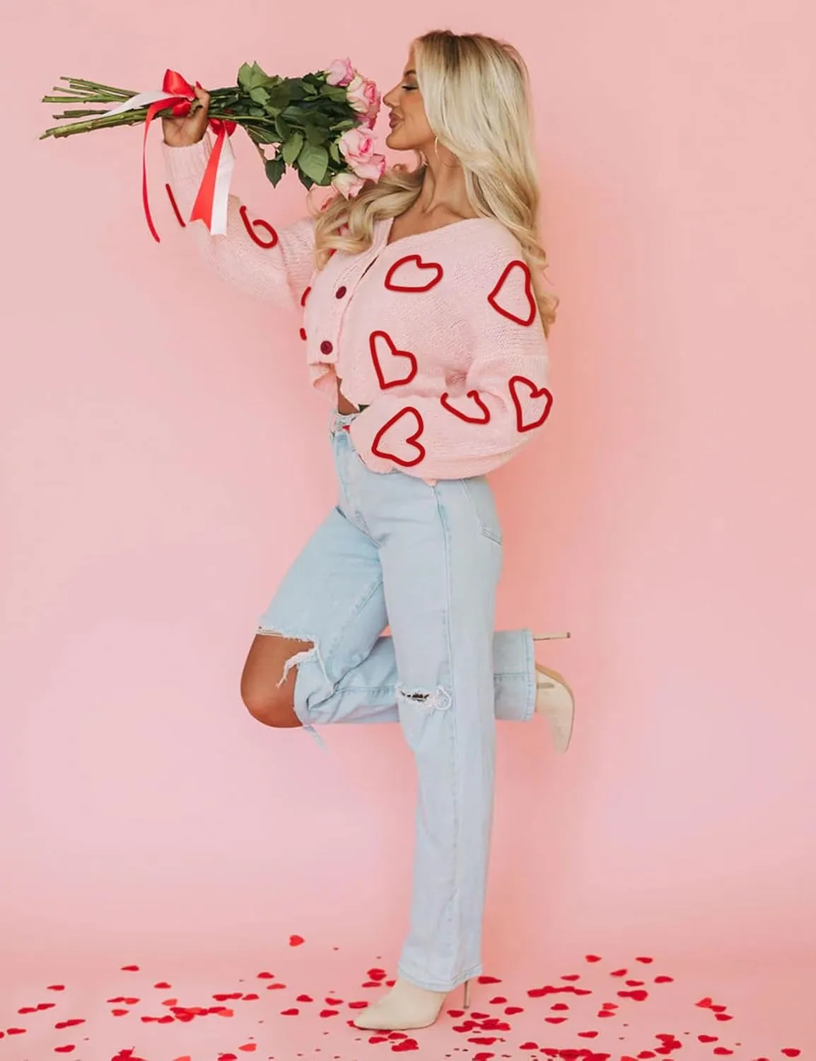 Wyeysyt Valentine Heart Sweater Cardigan for Women Cropped Knit Sweater Cute Button Down V Neck Cardigan