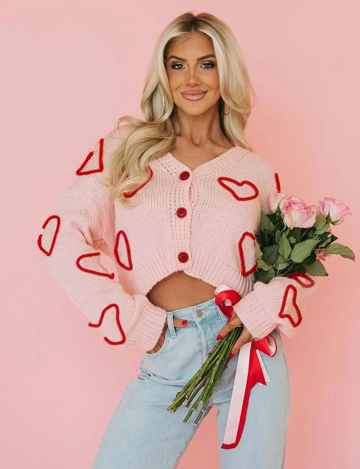 Wyeysyt Valentine Heart Sweater Cardigan for Women Cropped Knit Sweater Cute Button Down V Neck Cardigan