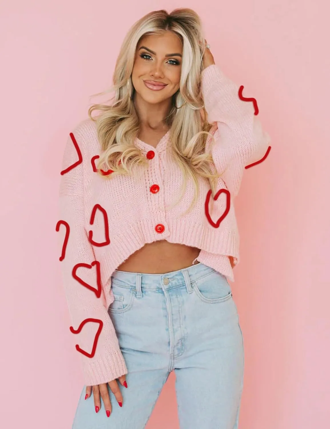 Wyeysyt Valentine Heart Sweater Cardigan for Women Cropped Knit Sweater Cute Button Down V Neck Cardigan