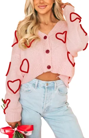 Wyeysyt Valentine Heart Sweater Cardigan for Women Cropped Knit Sweater Cute Button Down V Neck Cardigan