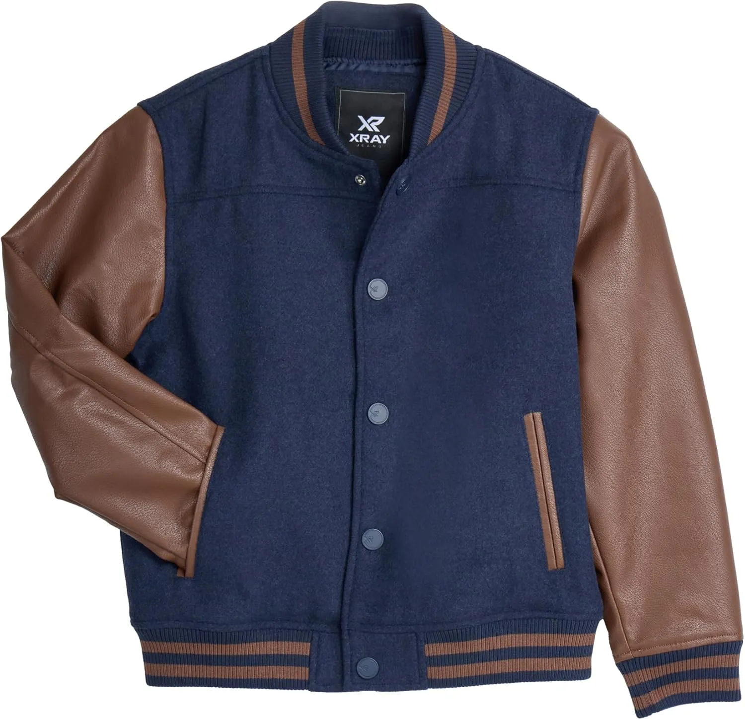 X RAY Boys Outerwear Coat with Faux Leather (S - XL), Wool Varsity Bomber Jacket for Kids W/Grainy PU Sleeves for Boys