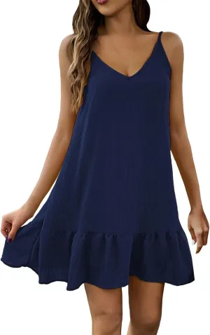 XOWRTE Summer Dresses for Women 2025 Vacation Spaghetti Strap V Neck Mini T Shirt Dress Pleated Ruffle Flowy Beach Sundresses