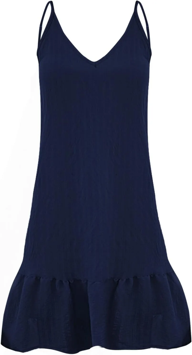 XOWRTE Summer Dresses for Women 2025 Vacation Spaghetti Strap V Neck Mini T Shirt Dress Pleated Ruffle Flowy Beach Sundresses