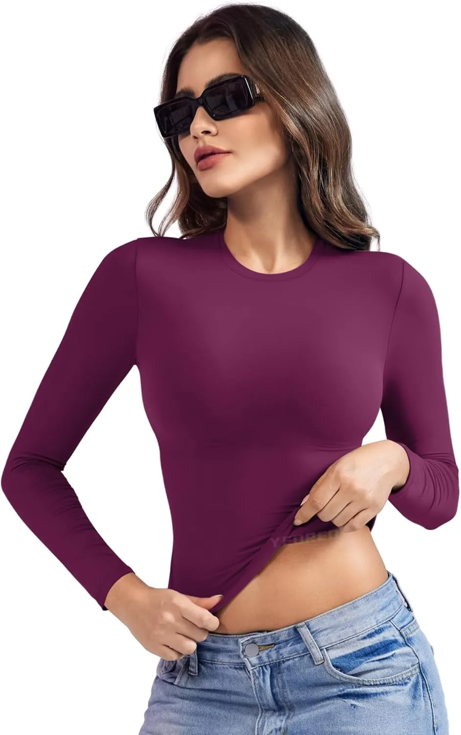 YEOREO Long Sleeve Shirts for Women y2k Tops Double Lined Basic Tee Crew Neck Going Out Sweeney Workout Undershirt